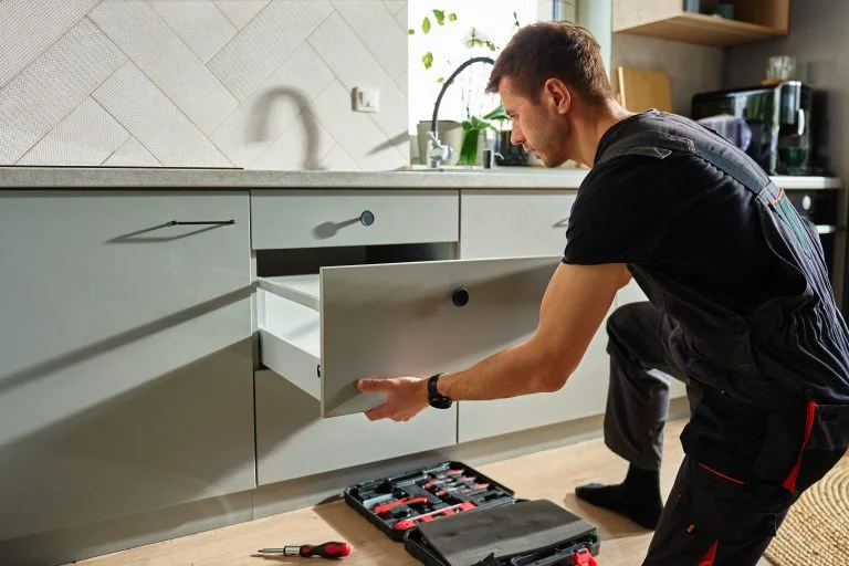 Profesionist care montează accesorii pentru mobilier